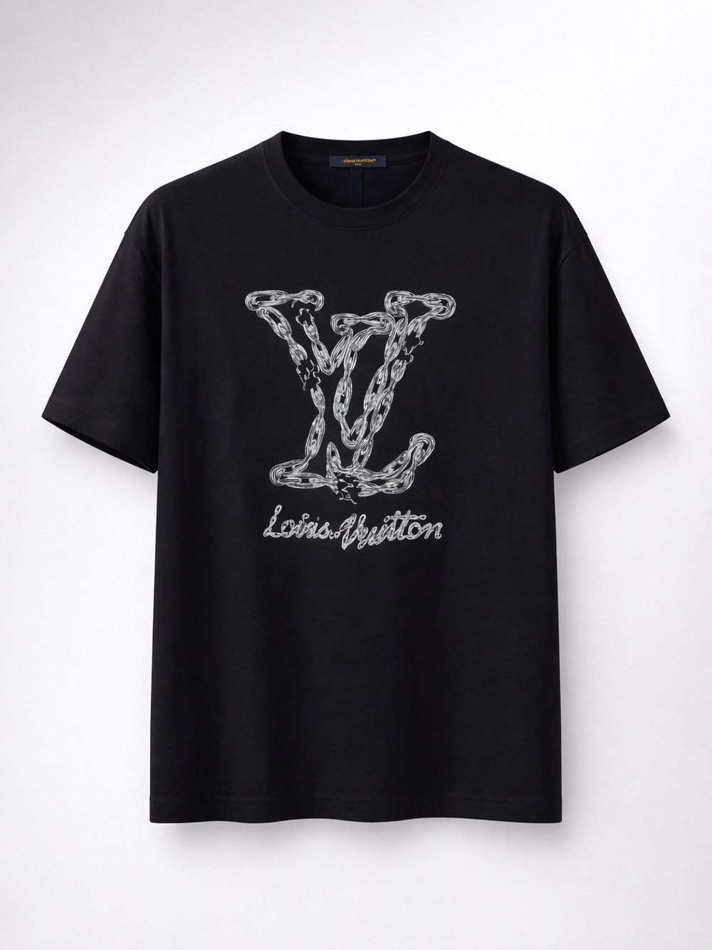 Louis Vuitton Black Tee with Silver Chain LV Motif